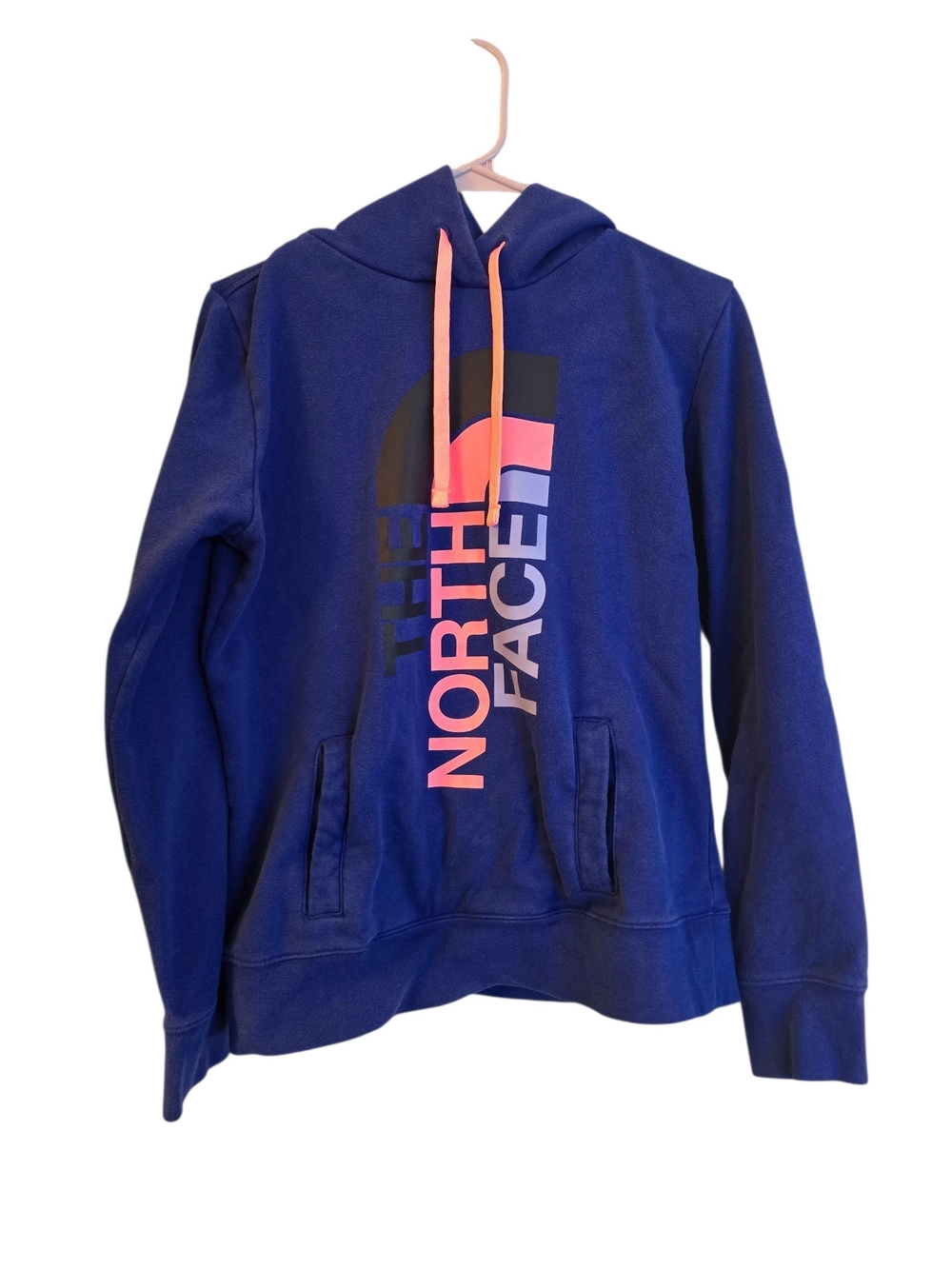 The North Face womens Navy Hoodie with Pink Logo